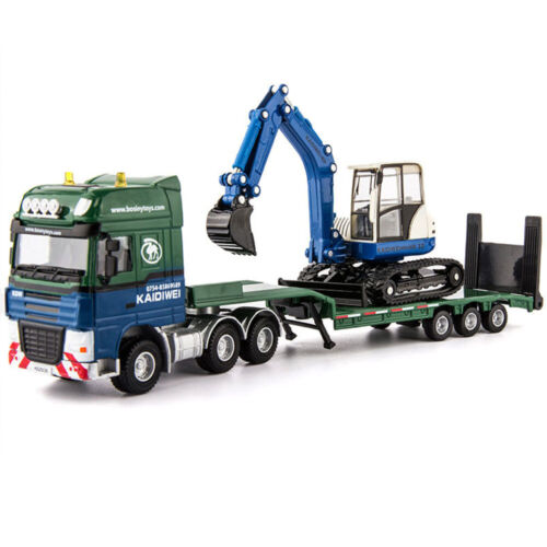 Remolque de plataforma plana 1:50 con cargador excavadora modelo camión diecast juguetes para niños - Imagen 1 de 9