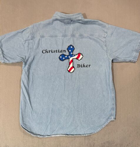 Camicia Christian Biker Vintage Sierra Pacific Patriot Moto Blu Denim Bottoni L