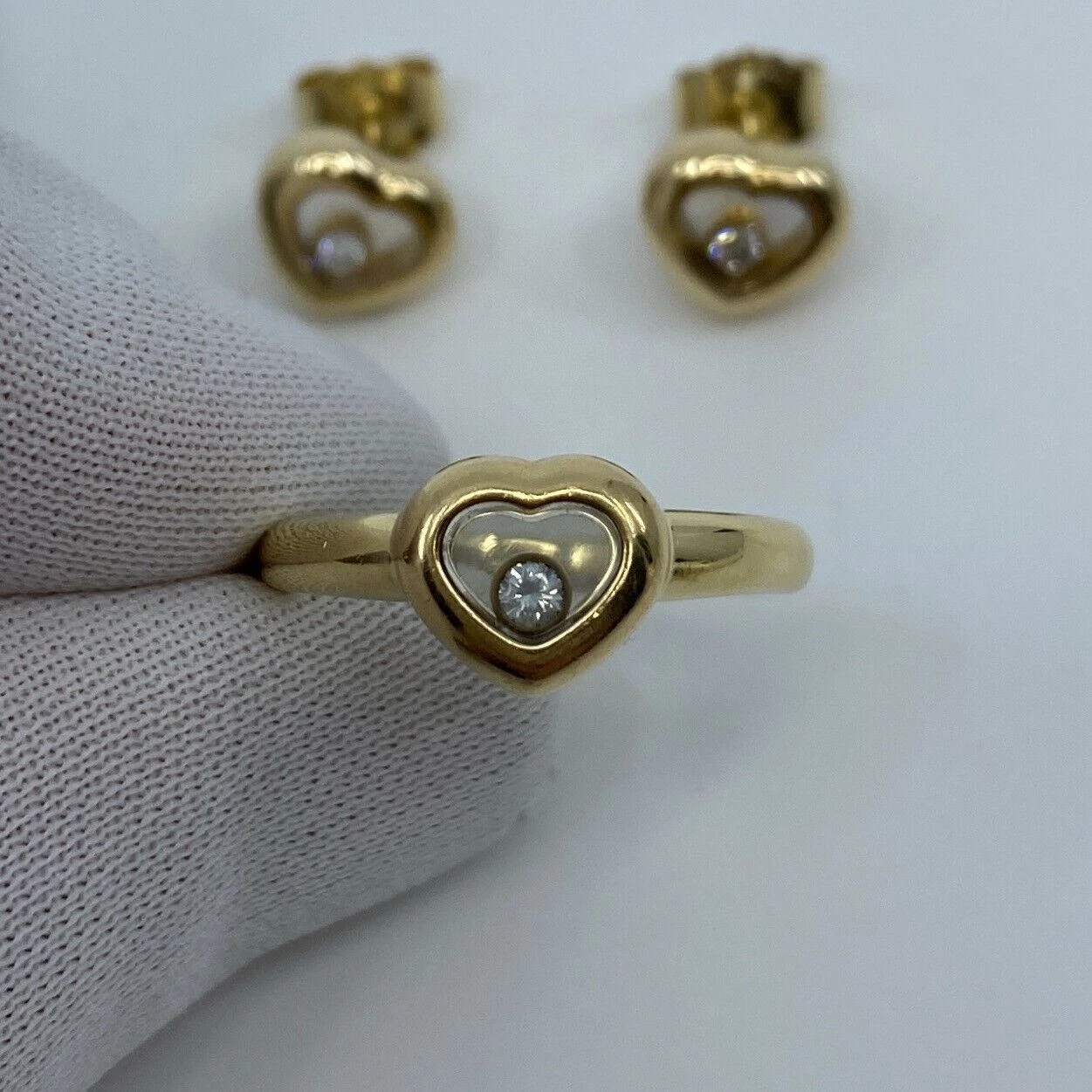 Vintage Chopard Happy Diamonds Icon 18k Yellow G Heart Ring & Earrings Set