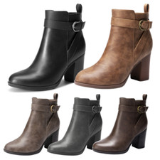Women High Chunky Heel Round Toe Side Zipper Fashion Ankle Boots