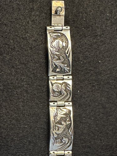 Vintage Signed Sterling TJ Southwest Overlay Storyteller Panel Link Bracelet - Picture 5 of 8