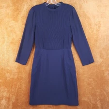 REISS Dress Womens Size 4 Navy Sheath Pleated Plisse Panel Sheer Sleeve CORALIE