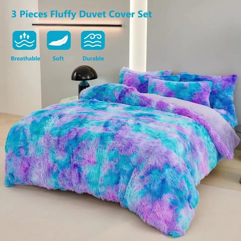 SUCSES Blue Purple Fluffy Twin Bedding Sets for Girls 3Pcs Faux Fur Plush Shaggy - Image 3 of 4