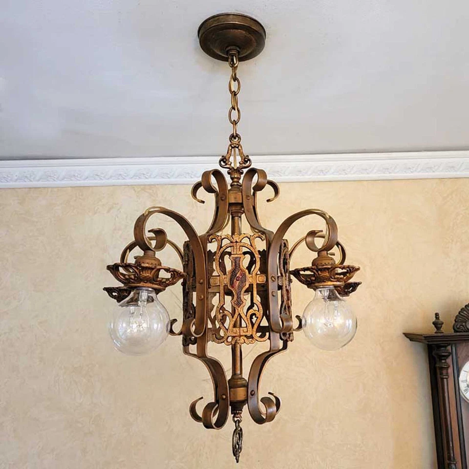 015c Antique 1920s 30s Ceiling Light Chandelier Spanish Revival Tudor mission - Image 3 of 4