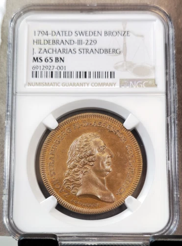 1794 SWEDEN BRONZE MEDAL HILDEBRAND III NGC MS 65 BN EXTREMELY RARE TOP POP 1