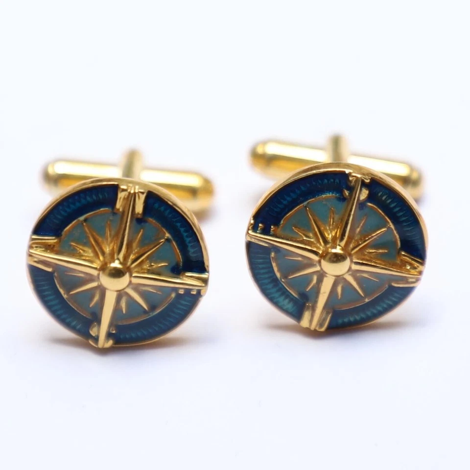 Gemelos enchapados en oro forma redonda esmalte azul estilo único de plata de ley 925 Foto 2 de 4