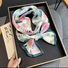 Women s Silk Satin Square Scarf White Blue Pink Floral Print Knotted Accents