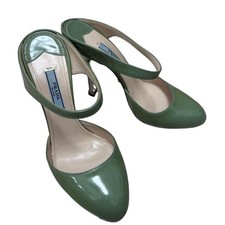 Prada Patent Leather Mules Metallic Heel Sage Green Women's Size EU36/US6