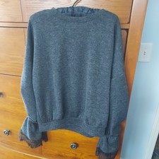 Ces Femme Women s Grey Sweater With Lace Cuff Details On Sleeve Romantic