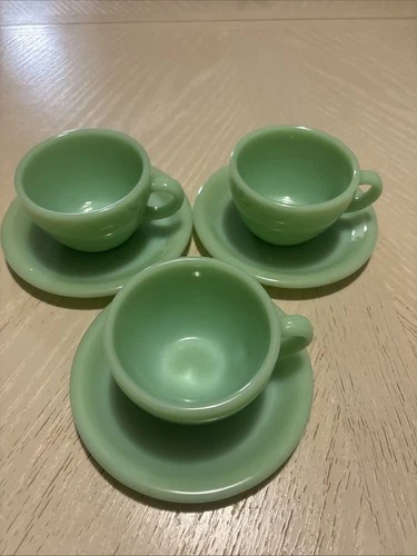 ANCHOR HOCKING FIRE KING  THREE JADEITE RESTAURANT CUP & SAUCER SETS