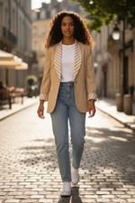 Christian Dior Vintage VTG Beige blazer w/ Contrast Stripe Lapel  Cuffs - 10P