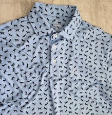 Rhoback Men's Golf Polo Size Medium Blue All Over Dog Print Stretch Performance