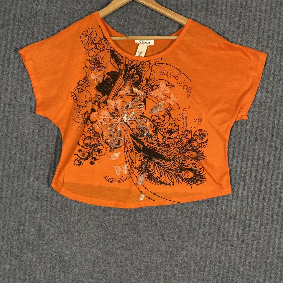 Vixen Shirt Womens L Orange Floral Butterfly Glitter Cropped Dolman Graphic Tee
