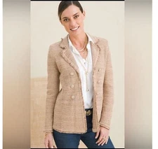 Chicos Metallic Fringe Tweed Sweater Cardigan Blazer Tan Size 0/XS Office Money
