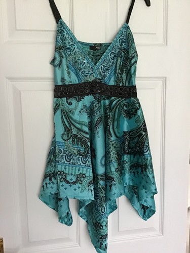 Jane Norman Green Patterned Satin Hanky Hem Top Size 12
