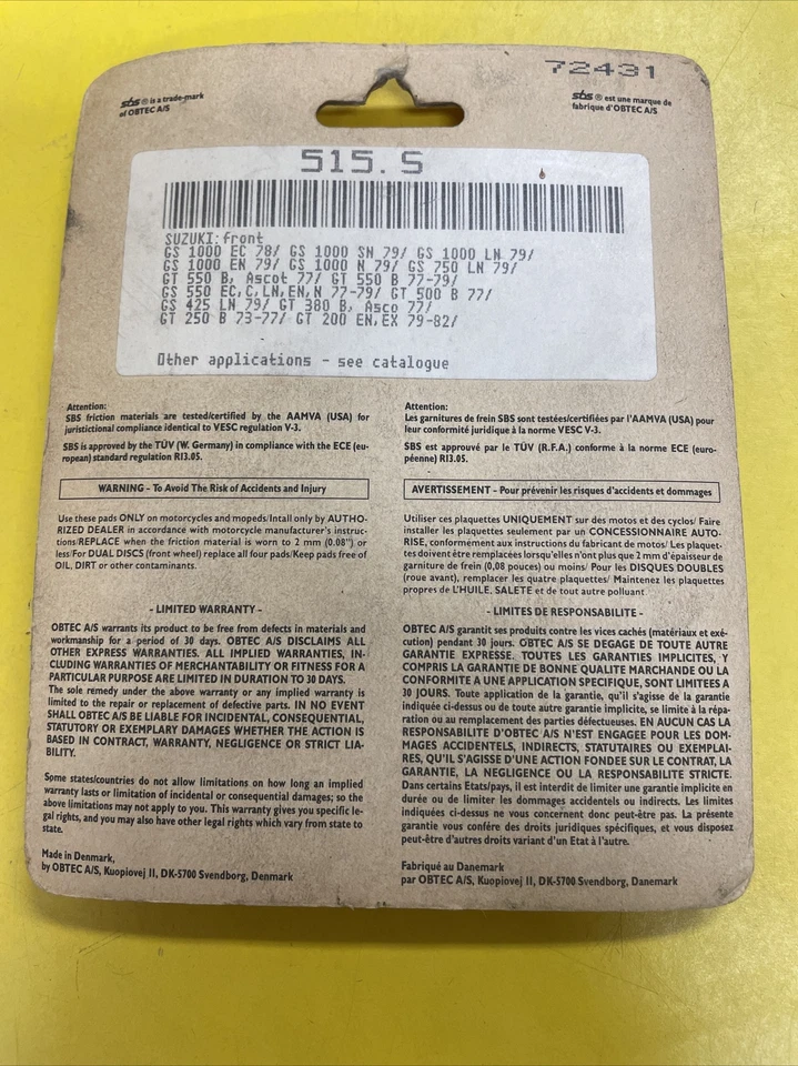 ПЕРЕДНИЕ КЕРАМИЧЕСКИЕ ТОРМОЗНЫЕ КОЛОДКИ SBS SUZUKI 79 GS 425 750, 77-79 GT 550 INDY, GS 1000 - Изображение 4 из 4