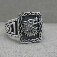 PETRICHOR Sterling Silver Wolf Signet Ring Celtic Details Gift Boxed Size 11