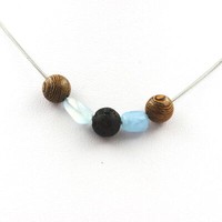 Halskette Holzperlen 8 Mm + Aquamarin Du Brazilien + Lava Kette Stahl GefräSt