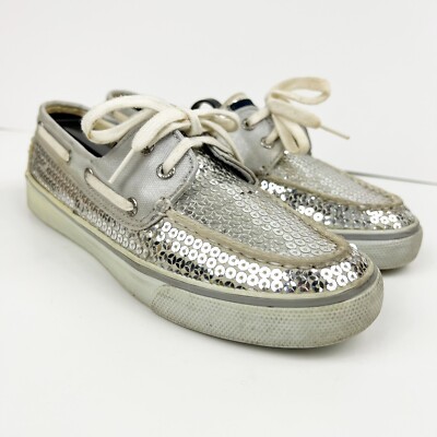 Womens Sperry top sider boat shoes silver fabric sequin Size