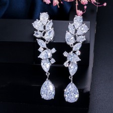 Silver Plated Cubic Zirconia 925 Silver Pin Drop Long Dangle Earrings for Women