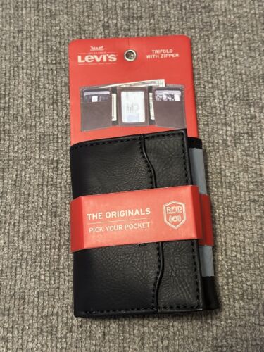 Levi's Leather Trifold Wallet RFID 6 Card Slots Interior Zipper Black Men's New - Picture 1 of 2