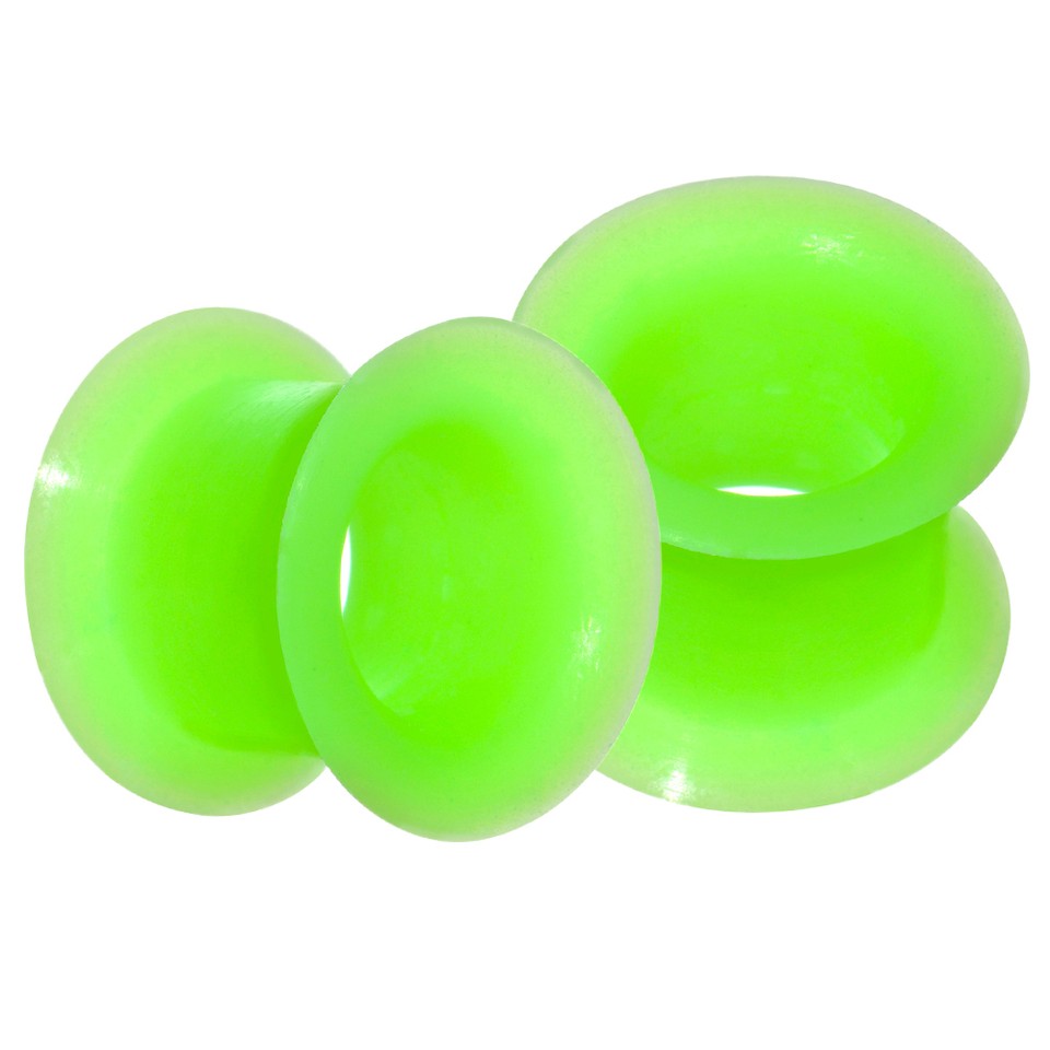 Pair of Ear Plugs Ring Green Glowing Silicone Double-Flared 2 Gauge to 1/2in Size