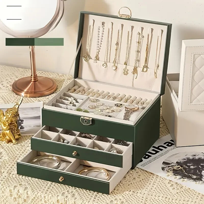 Boîte à bijoux en simili cuir à 3 tiroirs pour bagues et boucles d'oreilles