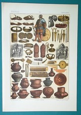 ANCIENT GERMANS Utensils Vases Shoes Arms Armor - 1883 Color Litho Print