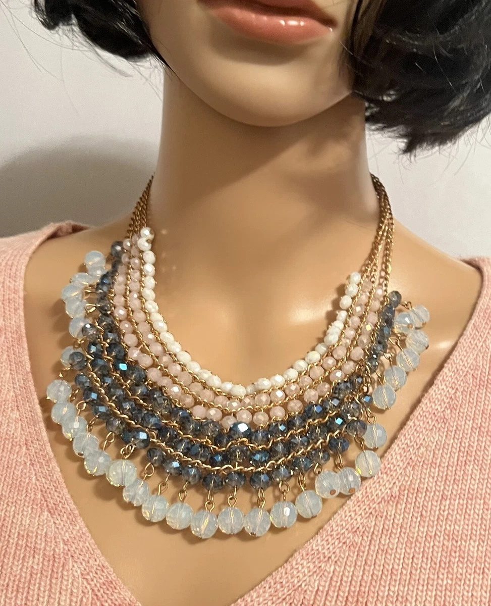 Multi Layered Blue Pink White Glass Bead Crystal Statement Necklace
