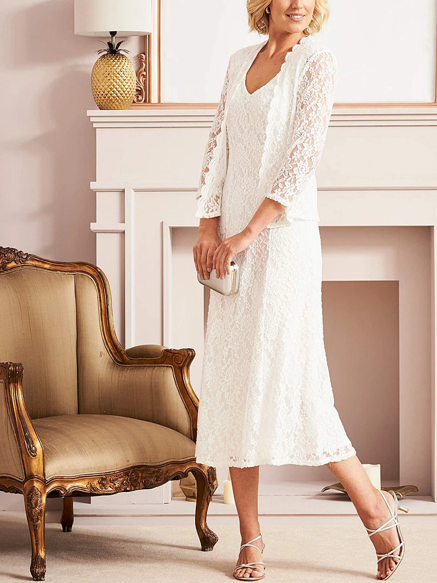 Nightingales Size 12 White Lace Midi DRESS Jacket Suit Set Wedding Occasion