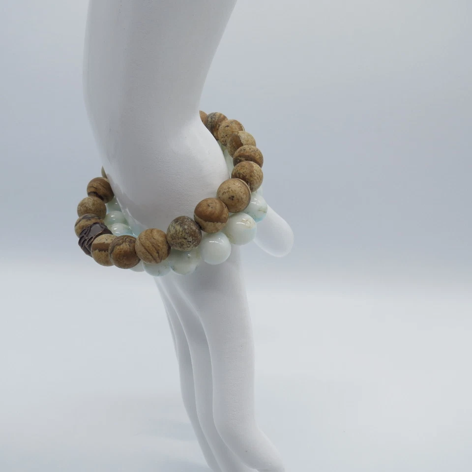 2Шт коричневый яшма белый мрамор эластичной браслет милый простой богемное 7,25" - Изображение 4 из 4