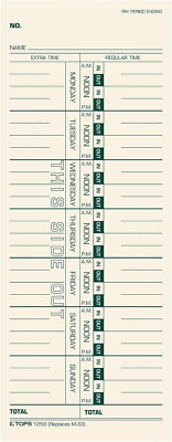 Time Cards, Weekly, 1-Sided, 3-1/2'' X 9'', Manila, Green Print, 500-Count (1259)