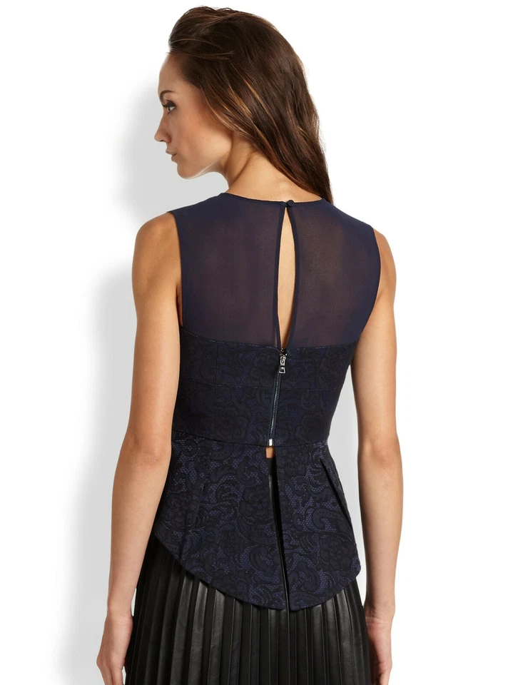 Blusa BCBG Max Azria S Azul Marino Jacquard Encaje Sweetheart Bustier Peplum Top Foto 2 de 4