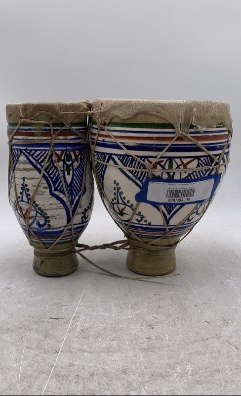 Ceramic Multicolor Moroccan Hand Painted Decorative Folk Art Bongo Drum Set