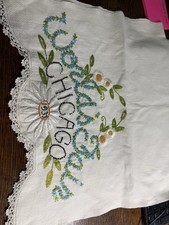 1933 Chicago Worlds Fair Hand Embroidered Linen Runner 30 Excellent Condition