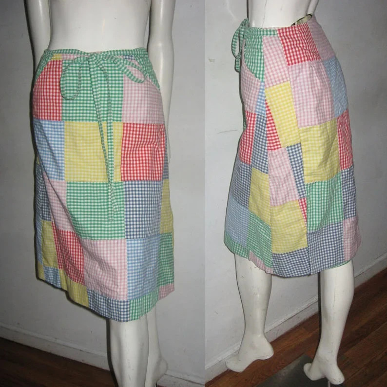 VTG Multicolor Patchwork Color Block Gingham Chec… - image 1