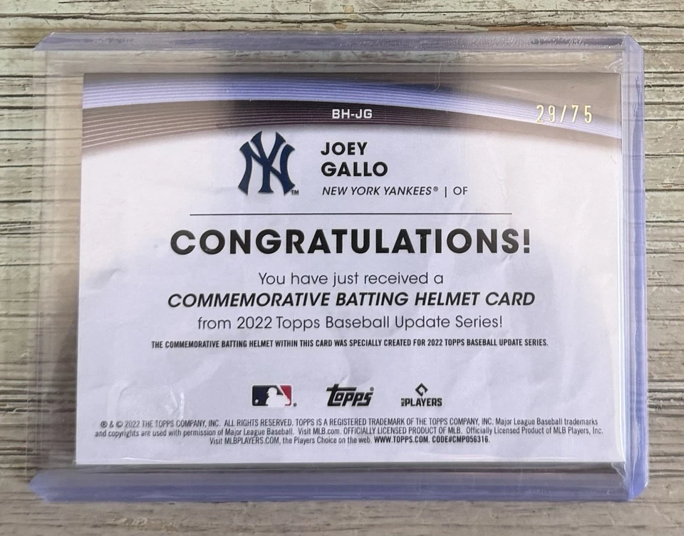 2022 Topps Update Commemorative Batting Helmet #BHJG Joey Gallo Gold 29/75 Yanks - Image 2 of 2