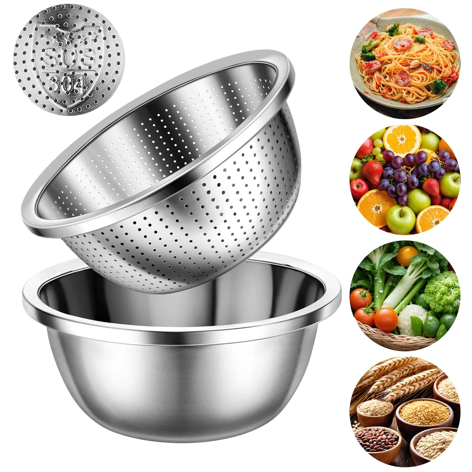 304 Stainless Steel Microporous Colander Set - 3QT Large Capacity Kitchen Str...