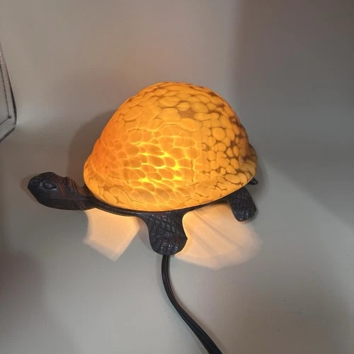 Vintage 8" Turtle Lamp Amber Tiffany Style Glass Brass Base Tortoise Night Light