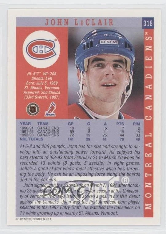 1993-94 Score American John LeClair #318 - Image 2 of 2