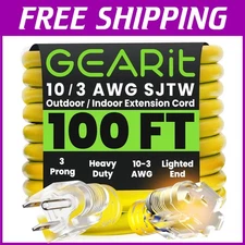 Bright Yellow 100ft Extension Cord - 10/3 Outdoor Use with 3-Prong Connectors