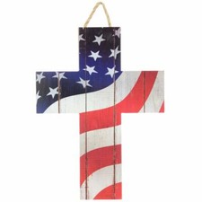 Patriotic American Flag Cross Sign - 13" x 10", 4th of July, Christian Decor
