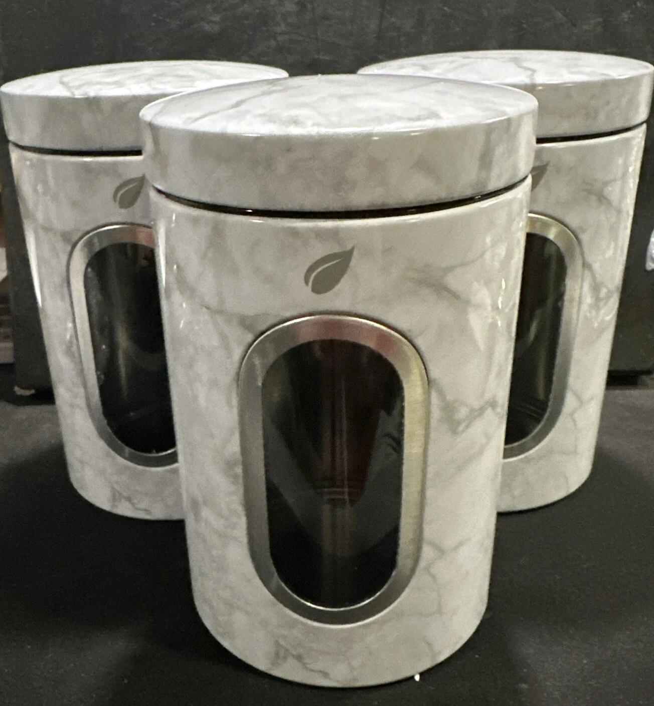 NEW- Set of 3 - Aluminum Food Storage - Large - White & Black Marble Look