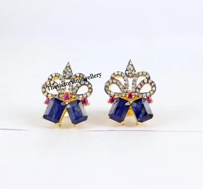Timeless Sapphire Ruby Gemstone Pave Diamond 925 Sterling Silver Stud Earring. - Image 1 of 4