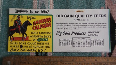 1947 Antique Advertising BLOTTER, Big Gain Quality Feeds, Believe It or Not!