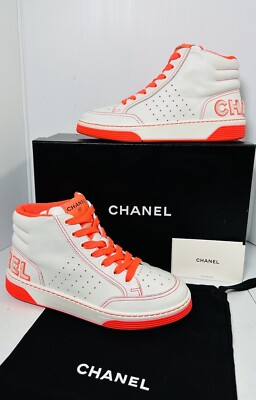 G127 CHANEL スニーカー ハイカット オレンジ ココマーク 38 CHANEL Calfskin Logo High Top Sneakers White Orange size 39.5 | eBay