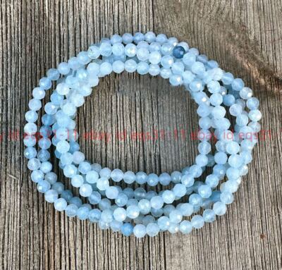 Wonderful 6Pcs 3mm Faceted Blue Aquamarine Round Gemstone Beads Bracelet 7.5''