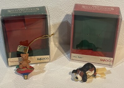 2 Enesco Miniature Ornaments, ''Pin Pals'' Dog on Clip, 1989, ''Toyland'' Top w/Bear