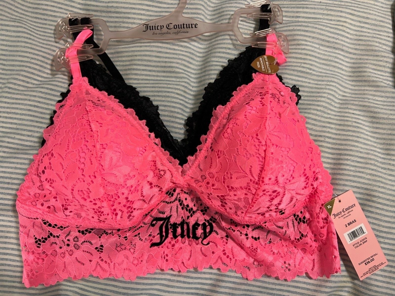 Juicy Couture size XL Lace Bralette 2Pack Black & Pink Bra with Logo