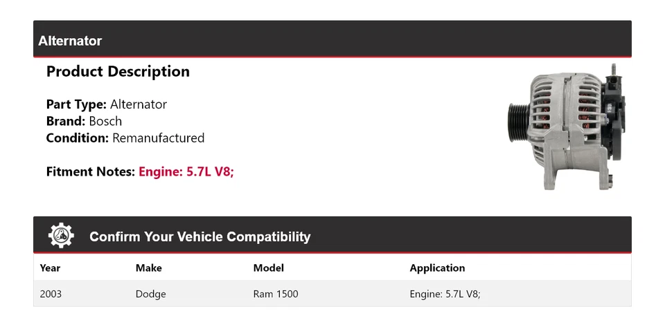 Генератор переменного тока Bosch для 2003 Dodge Ram 1500 5,7 л V8 (восстановленный) - Изображение 2 из 4